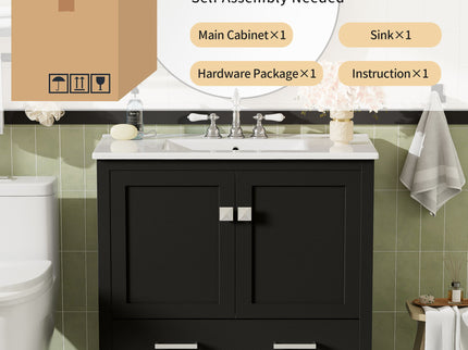 Bathroom Vanity With Sink, Soft Close Doors, Double Shelves & Divided Drawer