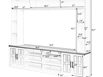 Wall Unit Entertainment Center With Bookshelves For TVs Up To 80", Tempered Glass Doors And Adjustable Shelves