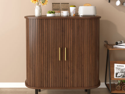 Fluted Wine Bar Cabinet With 8 Grid Wine Rack, 5 Level Adjustable Shelves, 2 Glass Holders