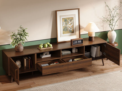 78" TV Stand For 85" TVs With Soft Close Doors, Open Shelf - Walnut