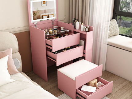 Flip Mirror Vanity Desk With Adjustable LED Lights & Stool For Bedroom