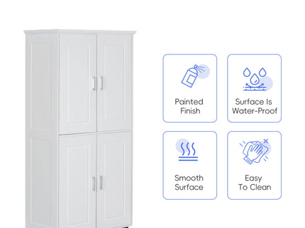 Tall And Wide Bathroom Floor Storage Cabinet With 4 Doors, Adjustable Shelves - White