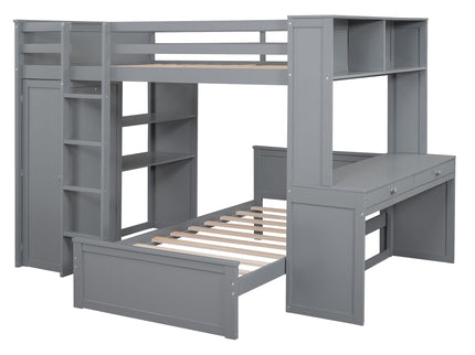 Loft Bed With A Twin Size Standalone Bed, Shelves, Desk, And Wardrobe