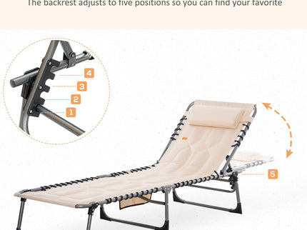 Outsunny - Padded Folding Chaise Lounge Chair, Outdoor 6-Level Reclining Camping Tanning Chair With Headrest For Beach, Yard, Patio, Pool - Beige