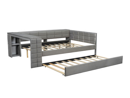 Upholstered Platform Bed With Storage Shelves, Desk, Charging Station And Trundle