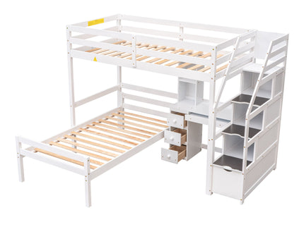 Loft Bed With Stand Alone Bed, Storage Staircase, Desk, Shelves, And Drawers