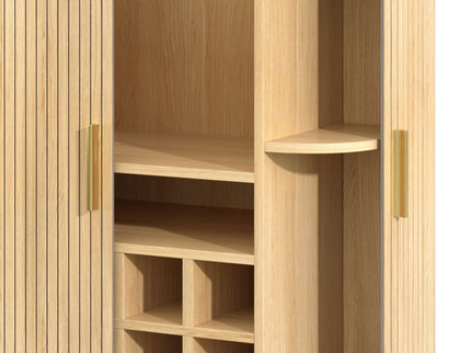 Fluted Wine Bar Cabinet With 8 Grid Wine Rack, 5 Level Adjustable Shelves, 2 Glass Holders