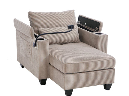 Convertible Chaise Lounge Sofa Chair With USB Ports, Cup Holders, Phone Holder And Storage