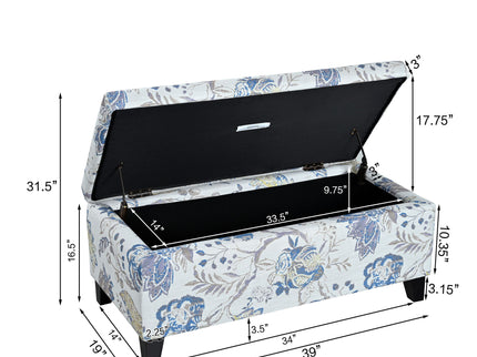 Luxury Storage Ottoman With Floral Patterned Fabric, Soft Close Hinges, Functional Footrest & Seat - Blue Flower / Blue Multi