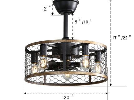 20" Industrial Caged Ceiling Fan With 7 - ABS Blades Remote Control, Small Ceiling Fan Reversible DC Motor - Black