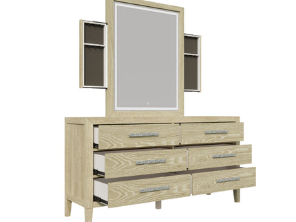 Adeline - 6 Drawers Dresser & Mirror With Jewelry Box & LED Light - Natural Wood Wash