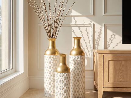 Diamond Embossed Floor Tall Vases Home Decor (Set of 3) - White / Gold