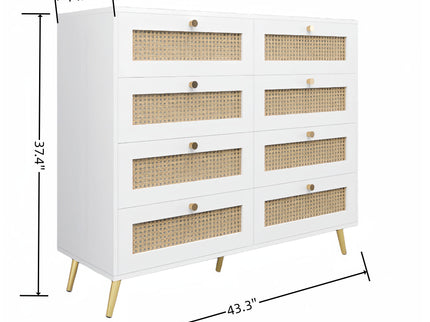 8 Drawers Chest Of Drawers With Rattan Drawer Face Golden Legs And Handles - White
