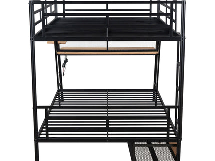 Full Size Bunk Bed With Built In Desk, Light, And 2 Drawers - Black