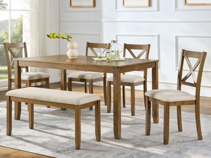 6 Piece Dining Table Set, Large Rectangular Table With Upholstered Bench & 4 X - Back Chairs, Kitchen Furniture - Oak