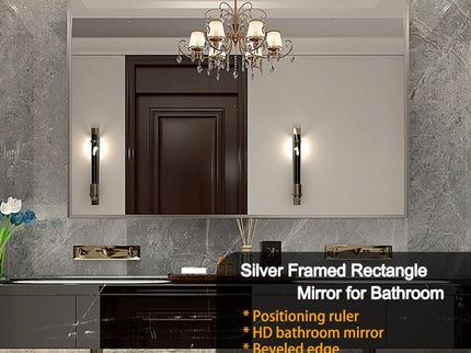 40X30" Silver Rectangular Wall-Mounted Beveled Bathroom Mirror, Square Angle Metal Frame Wall Mounted Bathroom Mirrors For Wall (Horizontal & Vertical) - Silver
