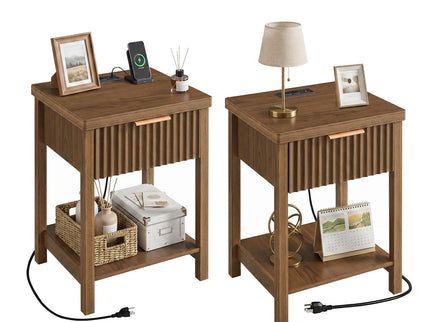 Nightstand, Bedside Table With Built In Charging Station (Set of 2) - Walnut