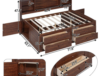 Full Size Captain Bed With Built In Storage Shelves, 4 Drawers And 2 Cabinets - Antique Brown
