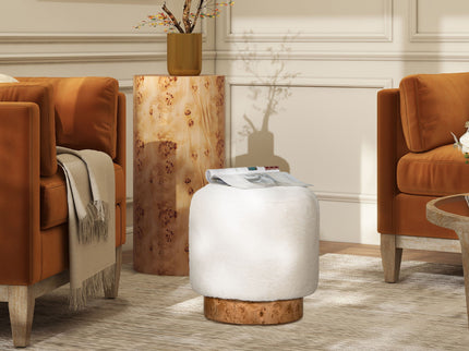 Tilly - Round Fur Upholstered / Burl Pouf Ottoman - White