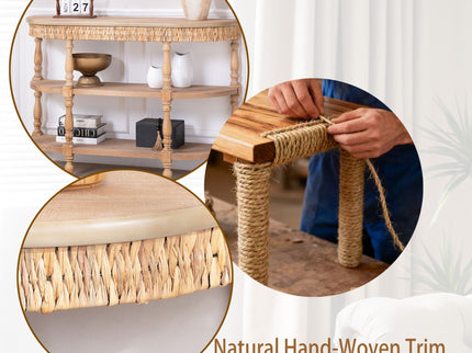 Handcrafted Console Table With Hand Woven Trim, 3 Tier Storage Shelves - Natural