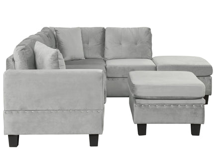 Modern Sectional Sofa With Storage Ottoman, L - Shape Couch With 2 Pillows And Cup Holders