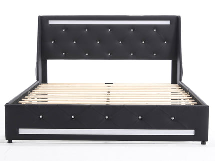 Wingback Upholstered Bed Frame With LED Lights, Charging Station