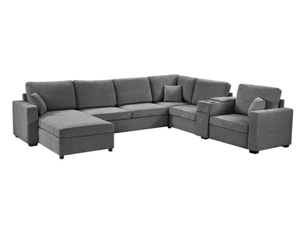 Modular 5 Seat U-Shape Sectional Sofa With Chaise Lounge, Built In Cup Holders And Storage Drawer