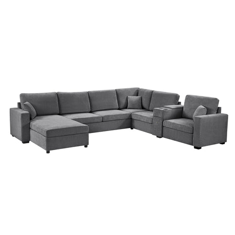 Modular 5 Seat U-Shape Sectional Sofa With Chaise Lounge, Built In Cup Holders And Storage Drawer