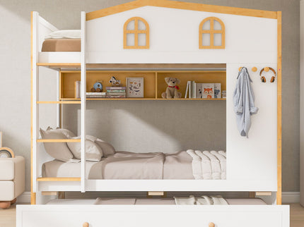 Bunk Bed With House Shaped Guardrails, Storage Shelves, And Trundle