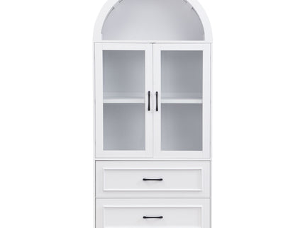Arched Top Storage Cabinet With Fixed 2 Tier Shelves, 2 Large Drawers