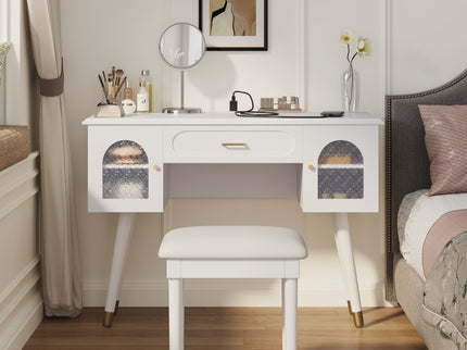 Elegant Vanity Makeup Table & Chair Set Modern Dressing Table With Organizer Writing Desk Charging Port Engineered Wood - White