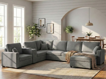 Modular 5 Seat U-Shape Sectional Sofa With Chaise Lounge, Built In Cup Holders And Storage Drawer