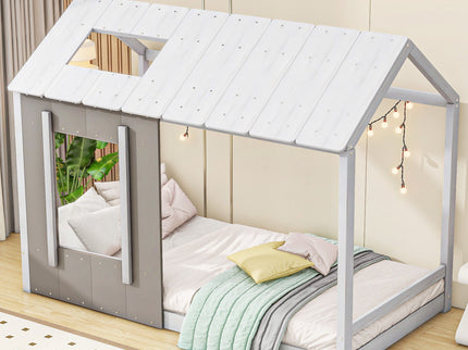 Twin Size House Platform Bed With Roof And Window - Natural / White