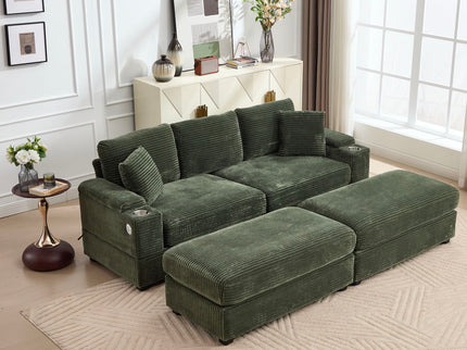 Convertible Sectional Sofa Bed Set With Armrest Storage, Cup Holder, USB, 4 Seater - Green
