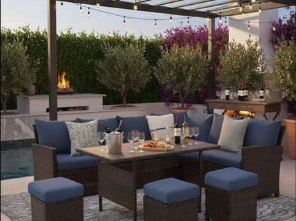 7 Piece Patio Dining Set With Cushions, Modular Sectional Sofa & Storage Table