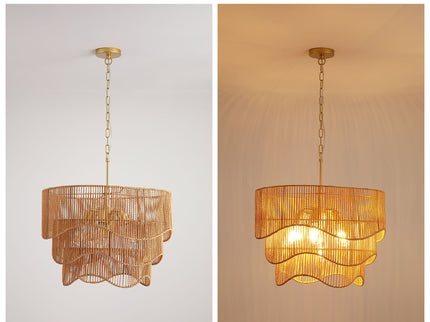 Chandelier With 7 Light E26 Base, Adjustable Height Wave Pendant Light For Living Room - Gold