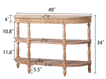 Handcrafted Console Table With Hand Woven Trim, 3 Tier Storage Shelves - Natural