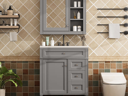 Bathroom Vanity With Top Sink, Freestanding Storage Cabinet With 2 Doors And 3 Drawers, Mirror Cabinet Included - Gray