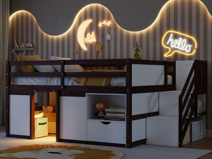 Low Loft Bed Frame With Built In Stairs, Storage Drawer, Shelf And 7 Color LED Light