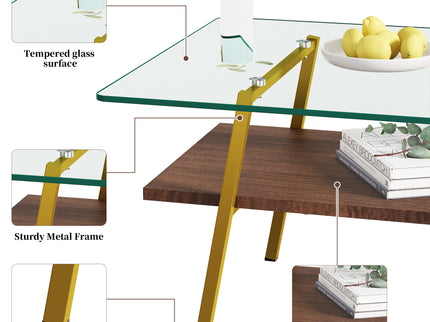 Rectangle Coffee Table, Tempered Glass Tabletop With Metal Legs, Modern Table For Living Room