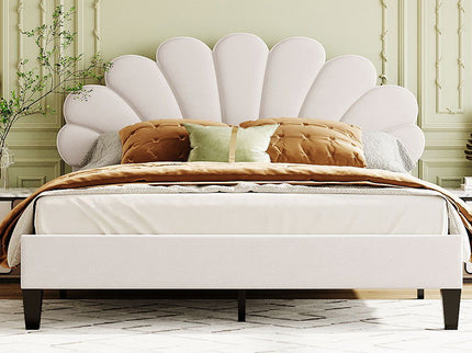 Upholstered Platform Bed With Flower Pattern Headboard