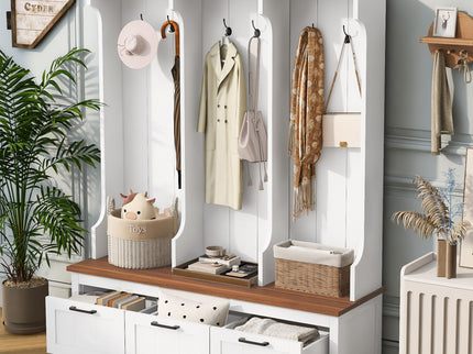 Hall Tree With Bench And Shoe Storage, 3 Large Drawers, Open Storage Shelves & Hooks