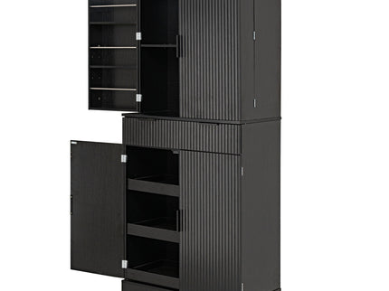Fluted Kitchen Pantry Cabinet With 3 Keyboard Drawers & 6 Adjustable Door Shelves