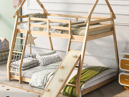 Twin Over Queen House Bunk Bed With Climbing Nets And Climbing Ramp