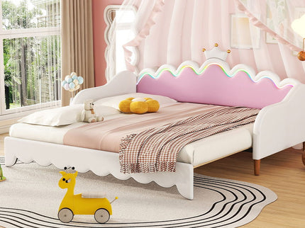 Extending Daybed With LED Lights, Modern Upholstered Princess Daybed With Crown Headboard
