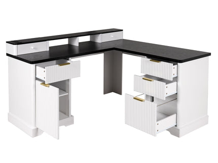 Fluted L-Shaped Desk With Charging Station & Storage Cabinet