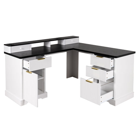 Fluted L-Shaped Desk With Charging Station & Storage Cabinet