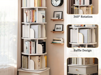 Rotating Bookshelf With Wheels And Drawer, 360° Spinning Design, Space Saving Storage