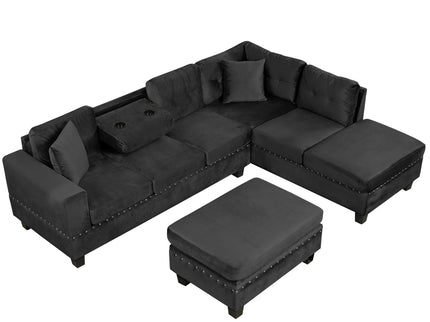 Modern Sectional Sofa With Storage Ottoman, L - Shape Couch With 2 Pillows And Cup Holders