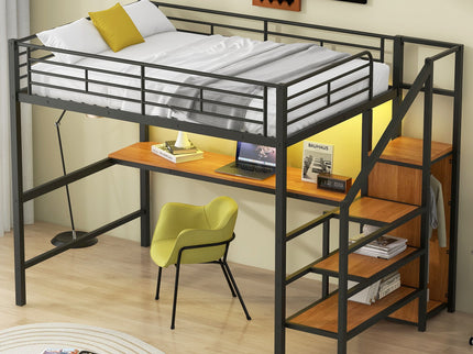 Loft Bed With Desk, Storage Staircase, Small Wardrobe And LED Light